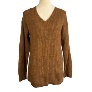 Metallic Sparkle‎ Knit V Neck Long Sleeve Sweater Brown Womens Small Minimalist